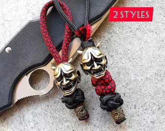 Japanese Oni Hannya Mask keychain | Paracord knife & key Lanyard with Brass Bead | edc gear, key fob, anime gift