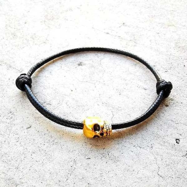 Tiny gold skull bead cord bracelet, dainty adjustable rope bracelet, bracelet stack, statement bracelet