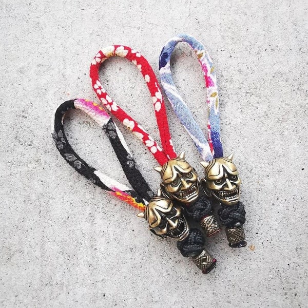 Japanese Oni Hannya Mask keychain, luxury floral kimono Lanyard keyfob, zipper pull with Brass Bead, edc gear, anime key fob,