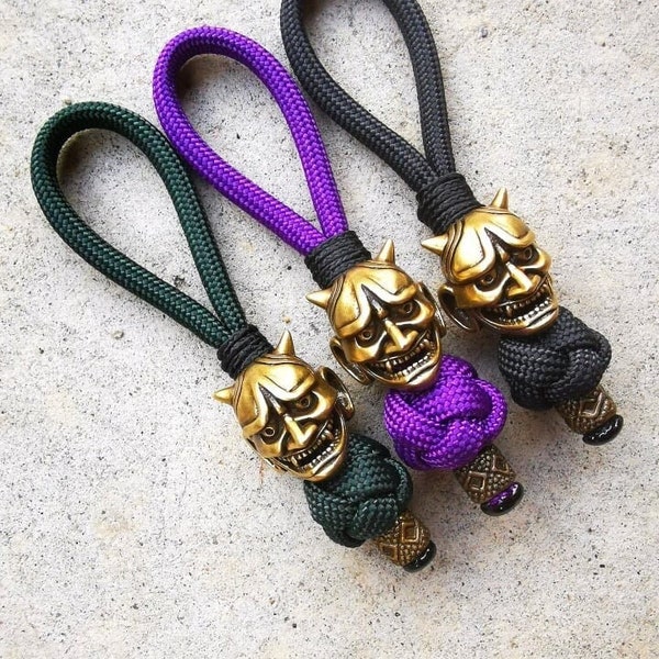 Japanese Oni Mask Keychain - Hannya Mask Paracord knife & key Lanyard - edc gear brass bead - devil mask protection - jdm anime keyring