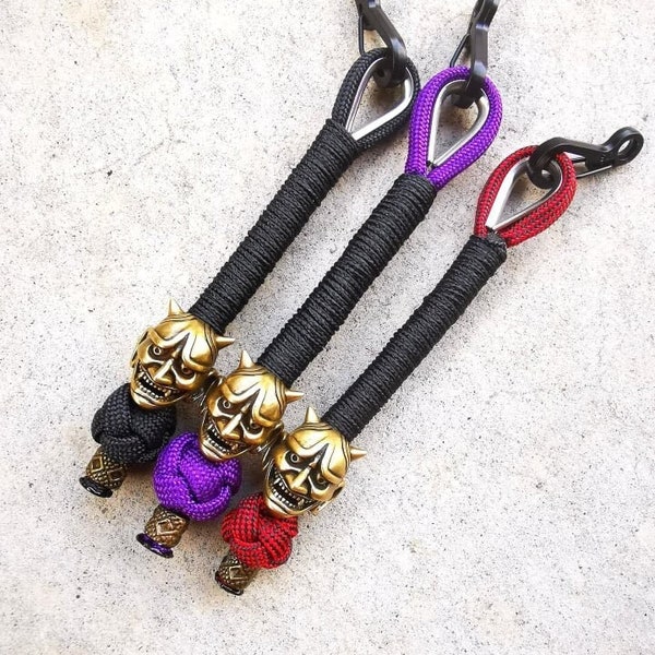 Japanese Oni Mask Keychain - Hannya Mask Paracord knife Lanyard - edc gear brass bead - devil mask protection - jdm anime keyring