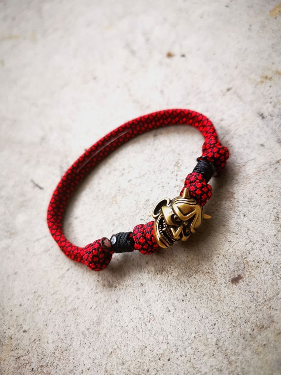 Japanese hannya Oni Mask Metal Skull Adjustable Bracelet , Traditional Japanese Devil Anime Bracelet, Ninja Bracelet , Paracord Bracelet