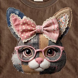 Könnte beinhalten: Braunes T-Shirt mit einem Patchwork-Katzen-Gesicht-Design. Die Katze hat eine rosa Brille, eine rosa Schleife mit Punkten und ein Patchwork-Design mit Jeans-, Blumen- und Karostoffen. Das Shirt hat ein Comfort Colors-Etikett.