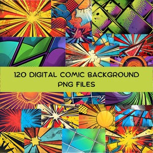 120 Digital Comic Backgrounds, Vibrant Pop Art PNG Files, Abstract Comic Book Style Design, Instant Download for Scrapbooking and Crafts