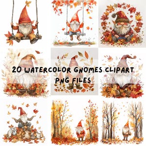 Charming Watercolor Gnomes PNG Bundle – 20 Forest & Autumn Garden Gnome Illustrations for Digital Art, Scrapbooking and Craft Projects