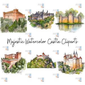 Clipart château aquarelle majestueux - paysages de château pittoresques, format PNG, arrière-plan supprimé, téléchargement immédiat pour un usage commercial