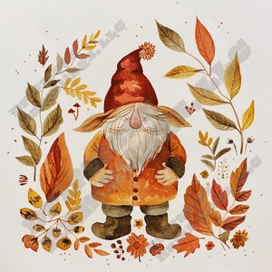 Grillige herfstkabouter digitale kunst downloaden - gezellige herfst aquarel illustratie - perfect seizoensdecor, rustieke en op de natuur geïnspireerde ruimtes