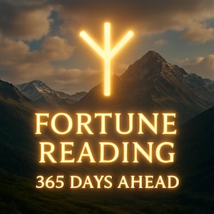 Puede incluir: Un símbolo rúnico amarillo brillante flota sobre una cordillera bajo un cielo nublado. Las palabras "FORTUNE READING" y "365 DAYS AHEAD" se muestran en una fuente amarilla brillante, sugiriendo un servicio relacionado con predicciones futuras.