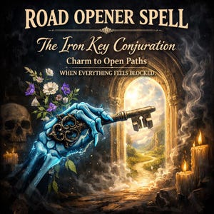 Puede incluir: Ilustración artística que presenta una mano esquelética sosteniendo una llave ornamentada, con el texto "ROAD OPENER SPELL" y "The Iron Key Conjuration". La imagen incluye una calavera, flores, velas y un camino que conduce a una luz brillante, con las palabras "Charm to Open Paths".
