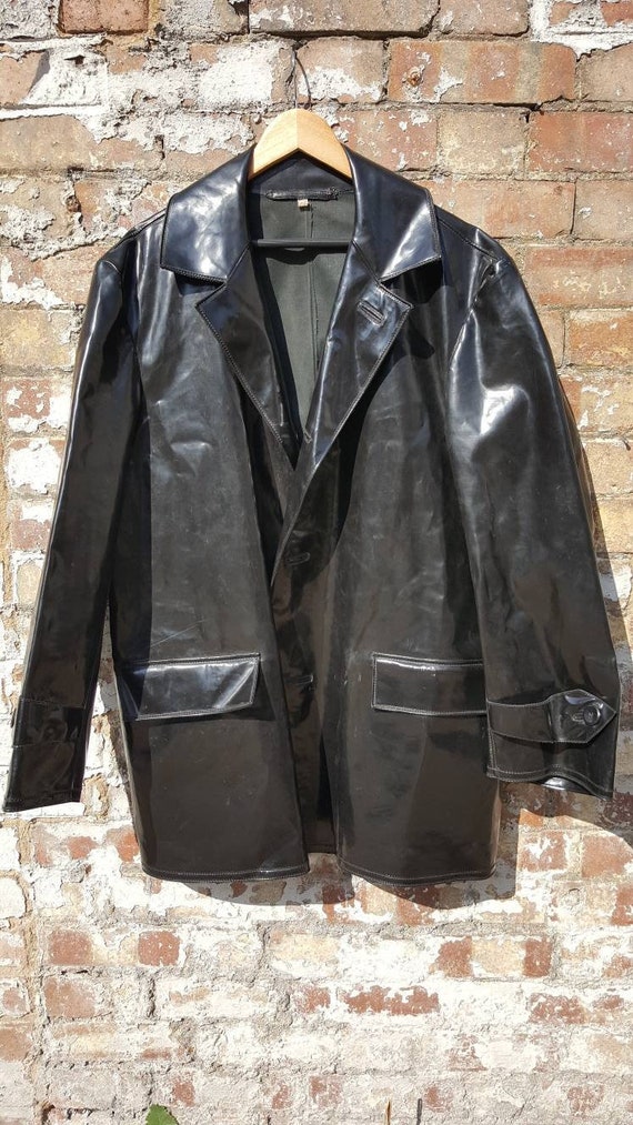 Vintage oilskin coat jacket pvc vinyl foul weather