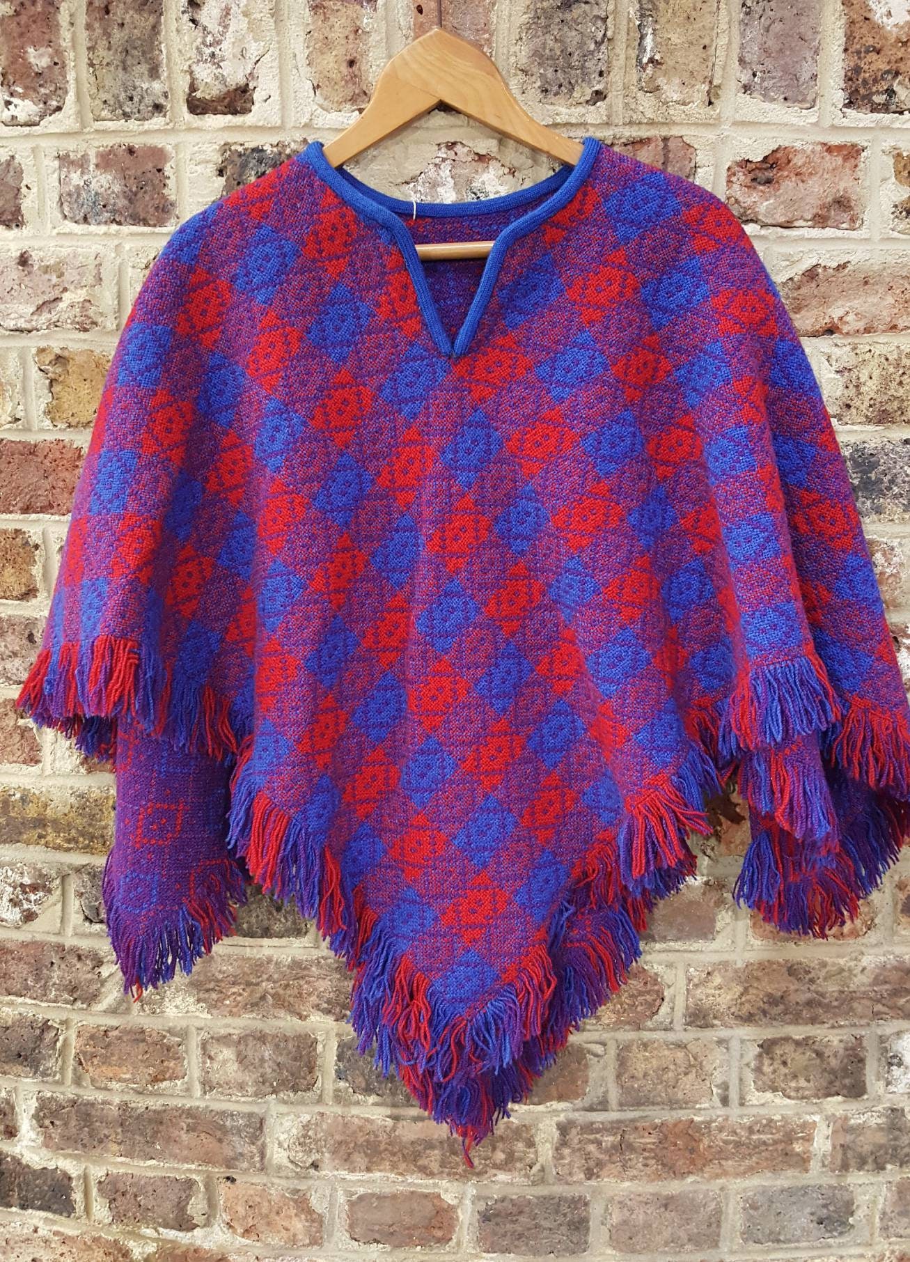 Vintage 1970s Welsh wool tapestry cape poncho blue red purple Etsy