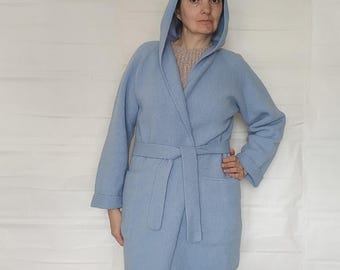 Cárdigan minimalista de punto suelto azul hervido con bolsillos, bata hasta la rodilla, cárdigan kimono de lana con cinturón, abrigo de fieltro tipo capullo con capucha