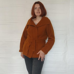 Hand knit cardigan Shawl collar jacket Belted wool wrap Chunky texture oversize coat Soft brown cardigan Warm boiled wool Ethnic kimono wrap