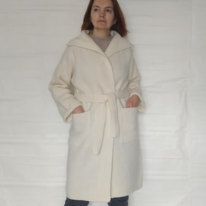 Felted wool blanket robe coat Boiled kimono jacket Ethnic style minimalist wrap cardigan Handmade oversize cream chunky knit belted cocoon