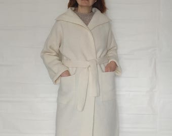 Bata de lana afieltrada, chaqueta tipo kimono hervida, cárdigan cruzado minimalista de estilo étnico, capullo con cinturón de punto grueso color crema de gran tamaño hecho a mano