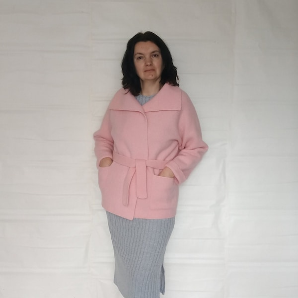Pink wool boiled cocoon cardigan Boiled wool cropped coatigan Plus size knit wrap cloak Belted vintage style open front cardigan handmade