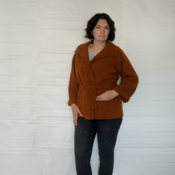 Honey brown wool oversized open front knit kimono cardigan Hygge cocoon felt plus size handknit robe coat Cropped loose fit wrap jacket