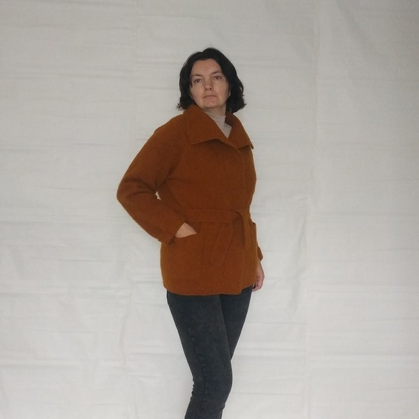 Cozy honey brown wool oversized open front handknit kimono cardigan with pockets Cropped loose fit wrap jacket Felt plus size cocoon cardiga