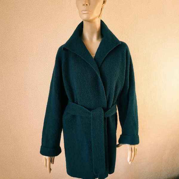 Teal handknit wool belted open front kimono oversized cardigan Cropped loose fit wool cloak Hygge cocoon felt cape coat