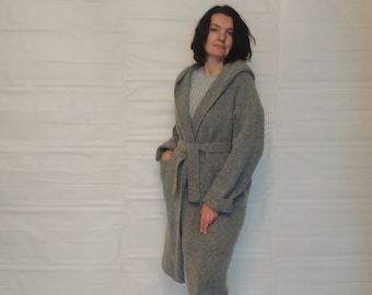 Silver gray wool hooded gothic cardigan Open front knit wool felt cocoon Loose kimono