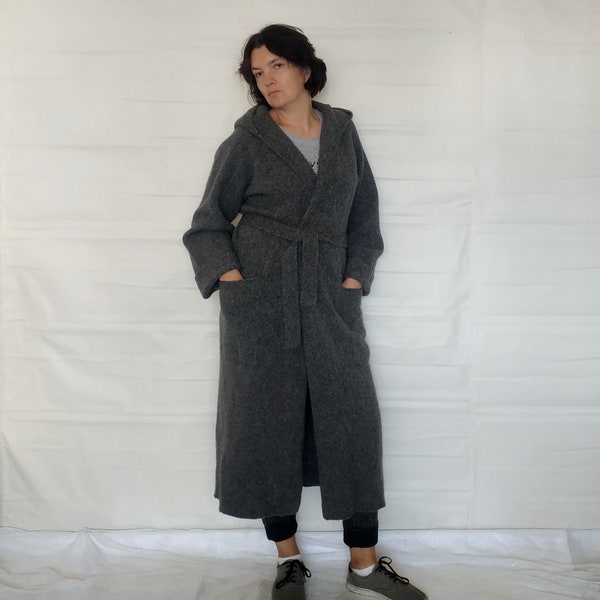 Wool maxi cocoon longline knit gray cardigan Boiled wool jacket Belted open front felt wrap baggy cardigan handmade Plus size knit cloak