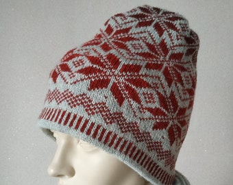 Unisex double knit fair isle cute hat Winter icelandic colorwork beanie Nordic handmade hat with brim pattern