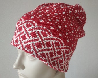 Unisex double knit fair isle hat Winter icelandic colorwork beanie Nordic double hat with brim pattern