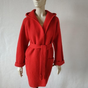 May include: A red hooded robe with a tie belt and pockets. The robe is made of a soft, fuzzy material.