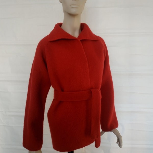 Boiled red wool oversized open front knit kimono cardigan Cropped loose fit wrap cardigan coat Hygge cocoon felt plus size handknit cardigan