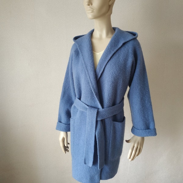 Plus size knit denim blue cloak Boiled wool cardigan Longline hand knit cocoon artsy cardigan hood Bulky colossal knit open front sweater