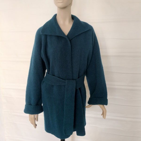 Teal handknit wool belted open front kimono oversized cardigan Cropped loose fit wool cloak Hygge cocoon felt cape coat