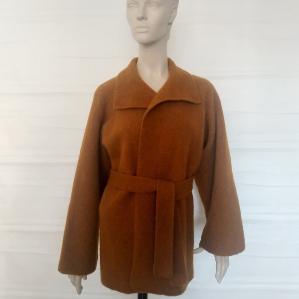 Cozy honey brown wool oversized open front knit kimono cardigan Cropped loose fit wrap jacket Hygge cocoon felt plus size handknit cardigan