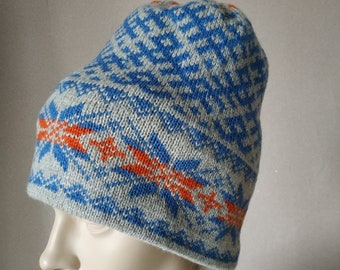 Unisex double knit fair isle hat Winter icelandic colorwork beanie Nordic double hat with brim pattern