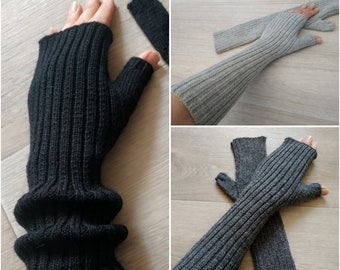 Wool warm ribbed arm warmers Half gloves thumbs Knit wool gloves Long fingerless mittens Long hand warmers for driver ladies