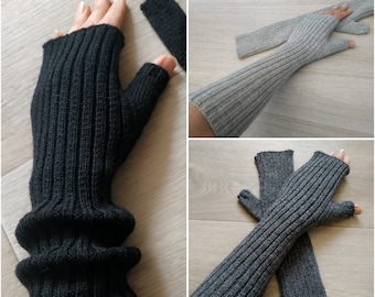 Wool warm ribbed arm warmers Half gloves thumbs Knit wool gloves Long fingerless mittens Long hand warmers for driver ladies