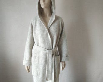 Comfy open front chunky knit boiled wool wrap cardigan Loose kimono jacket Minimalist long cocoon robe coat Wool pagan clothing