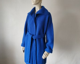 Blau gekochte Wolle stricken Gürtel wickeln Strickjacke Kimono open front Wolle Mantel Knie Länge Staubsauger Mantel Frauen