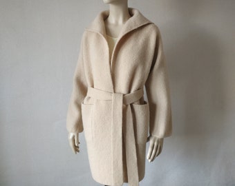 Beige wool cape coat Boiled wool knit belted wrap cardigan kimono Open front wool cloak Knee length duster coat women