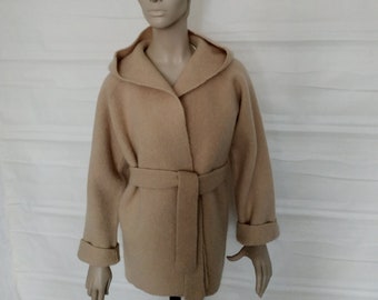 Cárdigan tipo kimono de punto con capucha, abierto al frente y cinturón de lana hervida, abrigo tipo bata de fieltro con capucha, holgado y corto, abrigo tipo capullo de fieltro Hygge