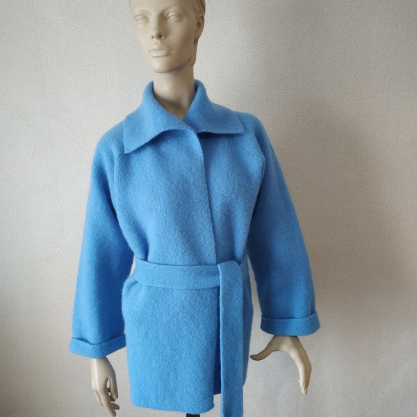 Boiled blue wool belted open front knit kimono cardigan Cropped loose fit robe coat Hygge cocoon felt coat