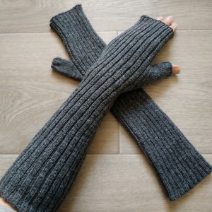 Dark gray ribbed arm warmers Half gloves thumbs Knit wool gloves Long fingerless mittens Long hand warmers for driver ladies