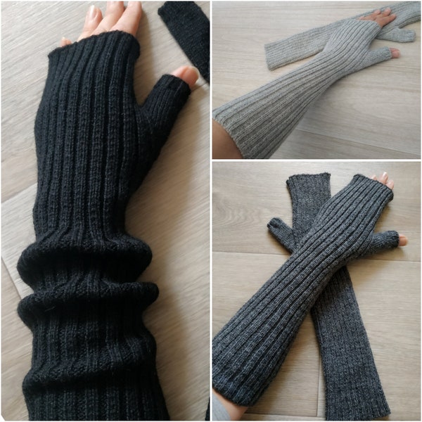 Wool warm ribbed arm warmers Half gloves thumbs Knit wool gloves Long fingerless mittens Long hand warmers for driver ladies