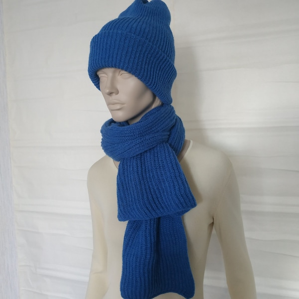 Long wool cornflower knit rib scarf and double hat set Men's chunky knit blue scarf Comfy shoulder wrap