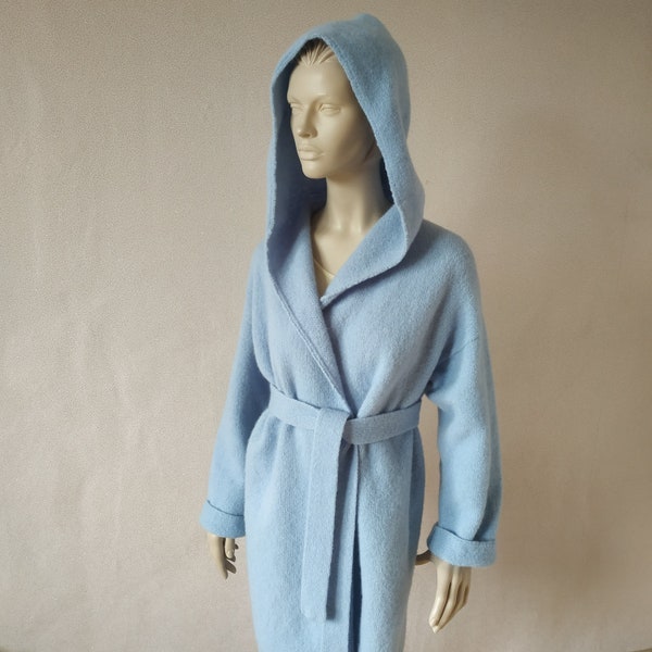 Open front knit boiled soft blue wool hooded wrap cardigan Loose kimono jacket Minimalist knee length oversized cardigan
