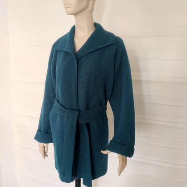 Boiled teal wool belted open front chunky knit kimono cardigan Cropped loose fit robe coat Spring cocoon felt coat