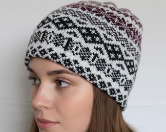 Unisex double knit fair isle hat Winter icelandic colorwork beanie Nordic double hat with brim pattern
