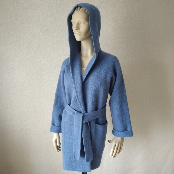 Blue denim felted loose knit open front hooded cardigan Knee length cocoon oversized  robe coat Belted boiled wool kimono cardigan