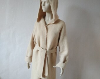 Open front knit wool hooded wrap cardigan Loose kimono jacket Minimalist boho duster