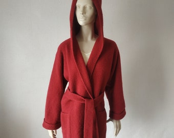 Boiled minimalist wool knit open front cardigan with pockets Hooded felt kimono coat Knee length robe coat
