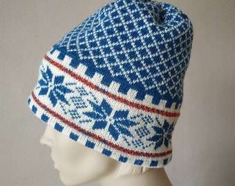 Unisex double knit fair isle hat with snowflakes Winter icelandic colorwork beanie Nordic double hat with brim pattern